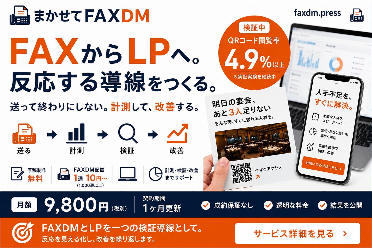 まかせてFAXDMのサービス紹介。FAXからLPまでを一つの検証導線として設計し、送信・計測・検証・改善を行うサービス。