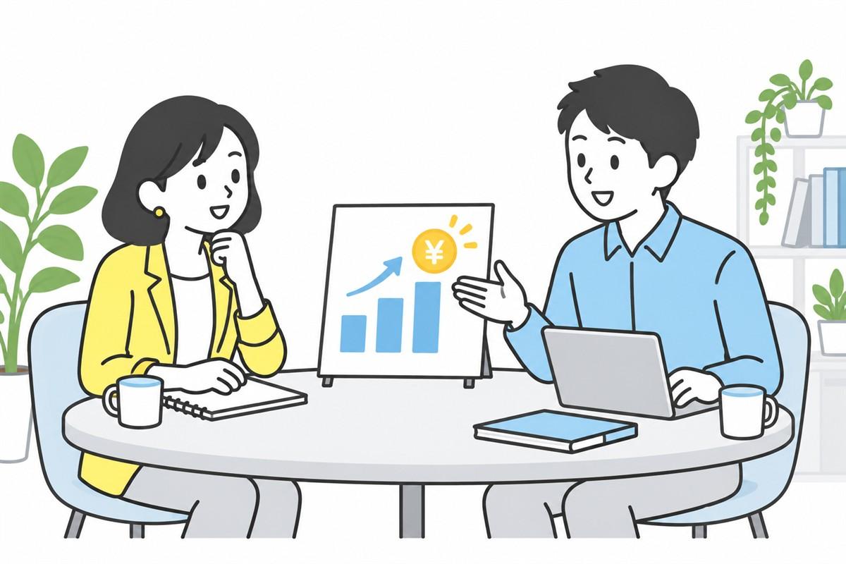 企業と認定者が評価や給与の仕組みを相談する場面