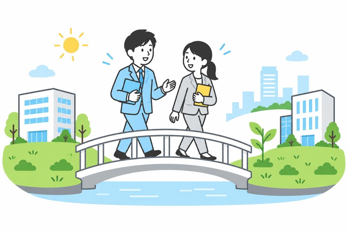 企業と専門家の間を橋でつなぎ、人の成長を支えるイメージ