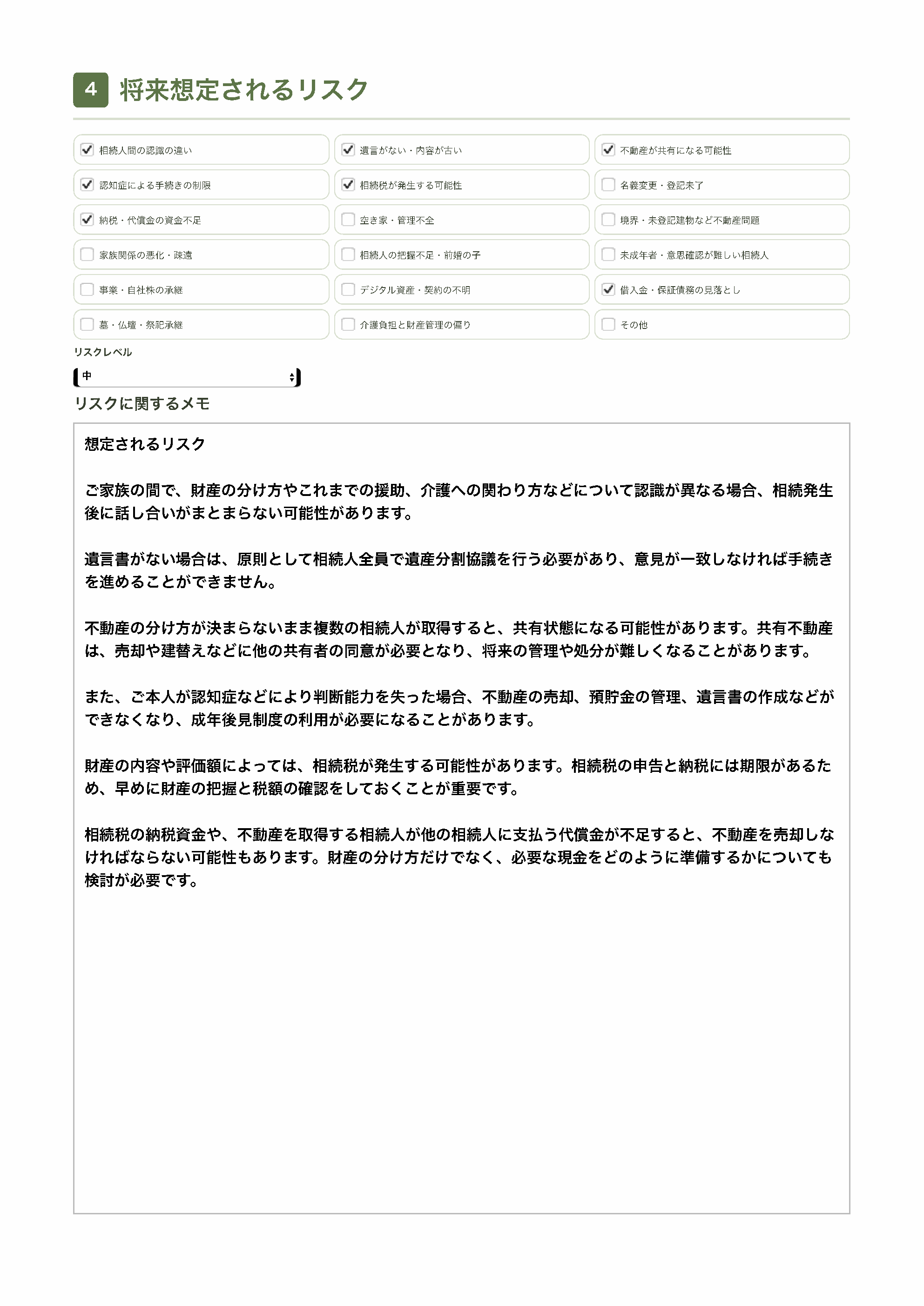 将来想定される相続リスク分析の見本