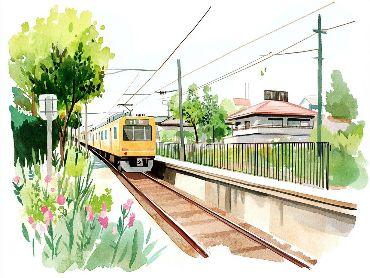 駅のホームに入る黄色い電車と周辺の閑静な住宅街のイラスト（西大和ニュータウンや王寺周辺の住宅街をイメージ）