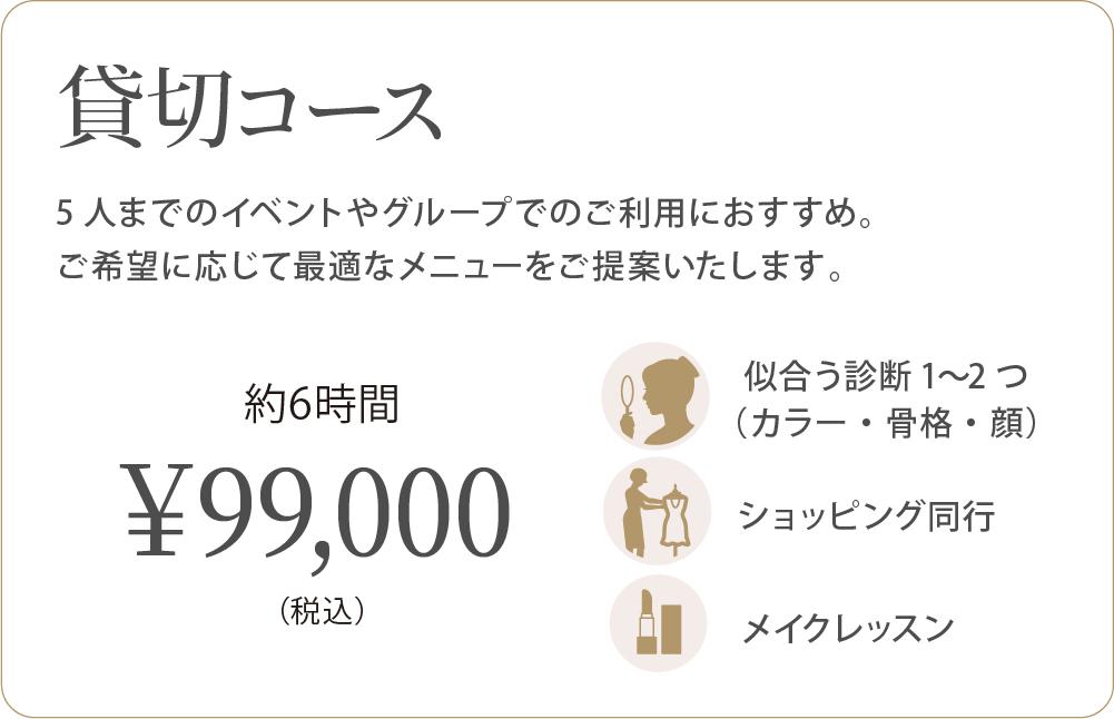 貸切コースの内容:診断1〜2つ・メイク・同行から選択、1〜5名まで対応可、約6時間、税込99,000円