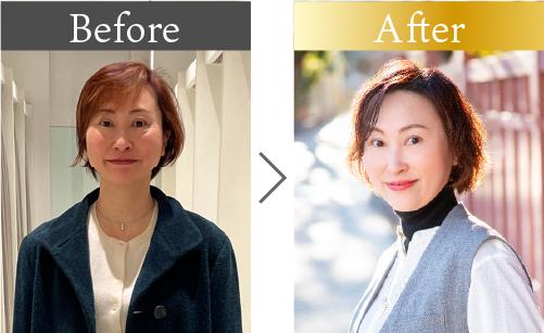 40代女性のビフォーアフター。診断前の様子と、ショッピング同行で購入したファッションの比較。