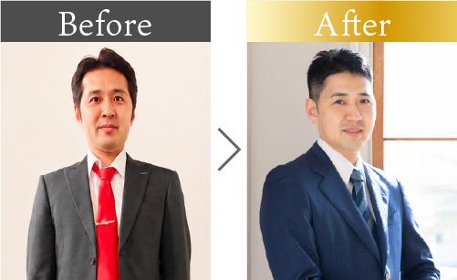 30代男性のビフォーアフター。診断前のスーツと、オーダーで作成した似合う色のスーツの比較。
