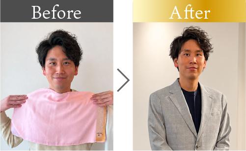 30代男性のビフォーアフター。パーソナルカラー診断を受け、似合うカジュアルスーツへ着替えた様子。