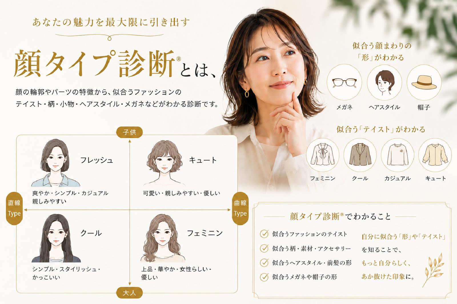 顔タイプ診断の分析軸、直線タイプ、曲線タイプ、子供顔、大人顔の図
