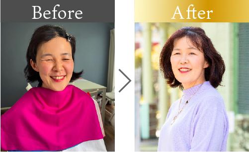 50代女性のビフォーアフター。パーソナルカラー診断を受け、ショッピング同行で購入した薄紫のニットを着用した様子。