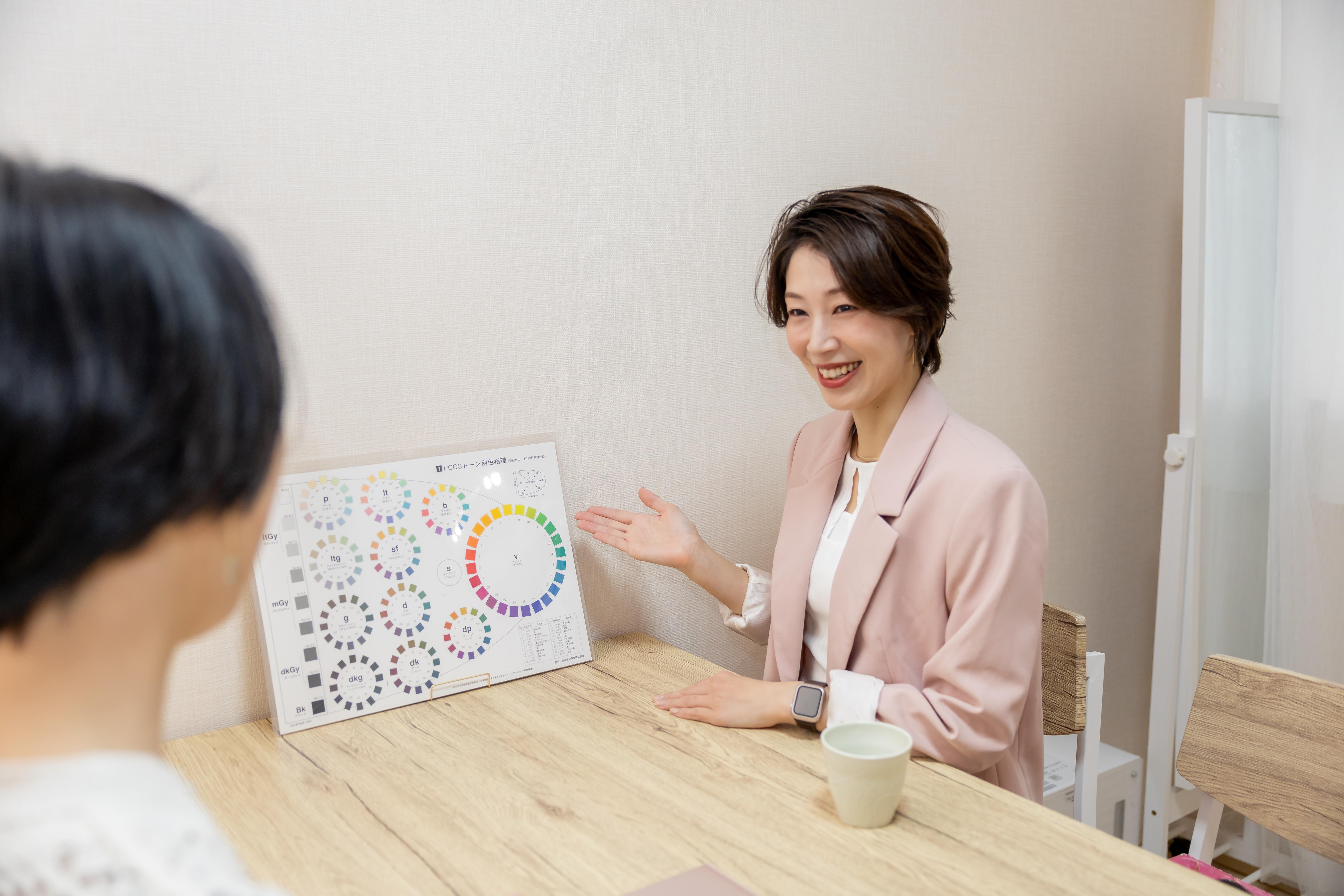 パーソナルカラーの説明をPCCS色相環を見せながらしている