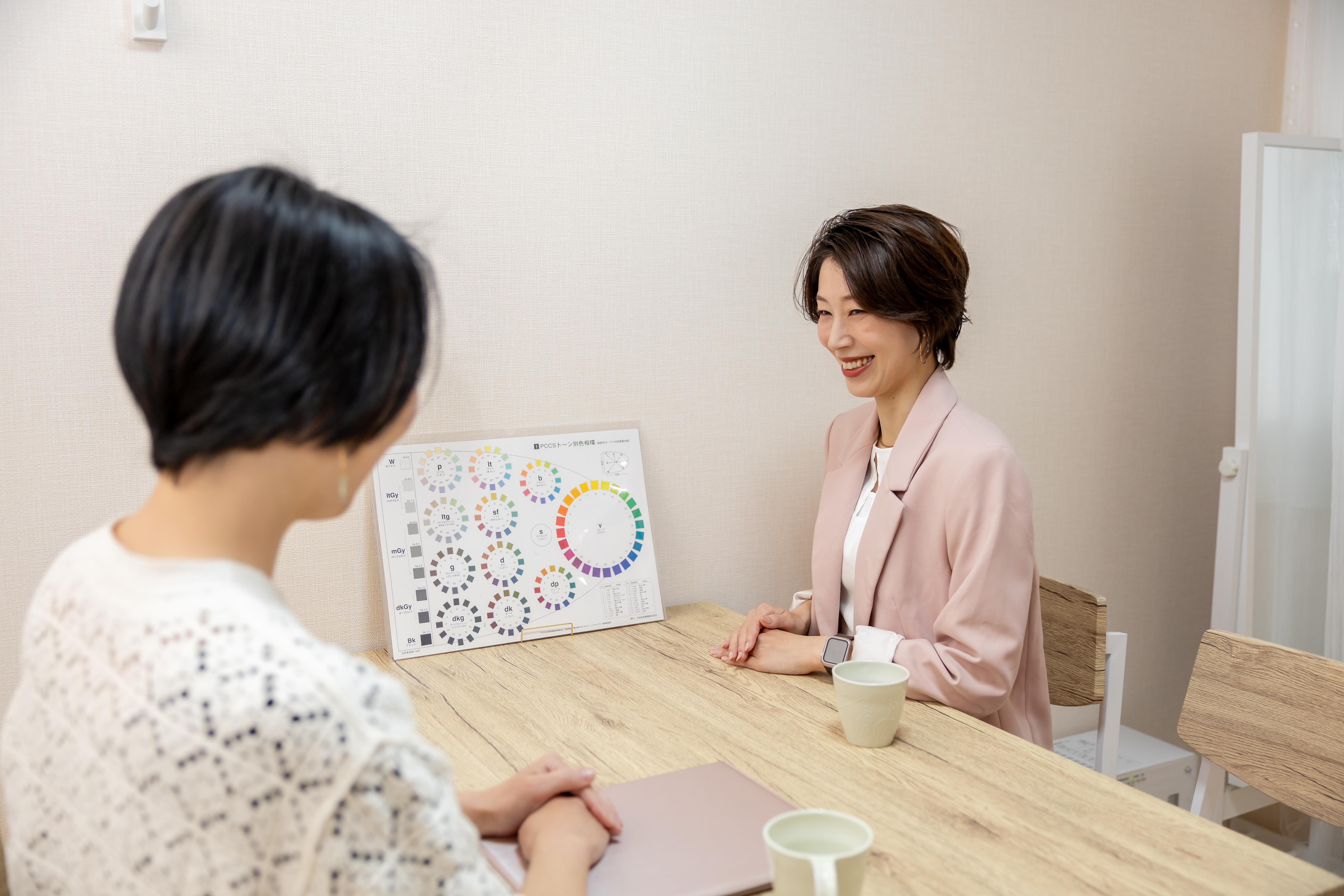 色相環を前にパーソナルカラーリスト養成講座の説明をする