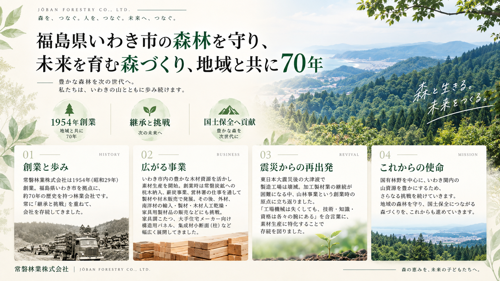 常磐林業株式会社は、福島県いわき市を拠点に、森林資源を活かした持続可能な林業事業を展開しています。  国有林を中心に、立木の伐採から搬出、丸太の加工、地拵え、植林、下刈り、除伐まで、森林づくりに関わる一連の作業を行っています。  また、次世代の林業を支える若手人材の育成にも力を入れ、「緑の雇用」などの制度を活用しながら、技術や知識の習得を支援しています。