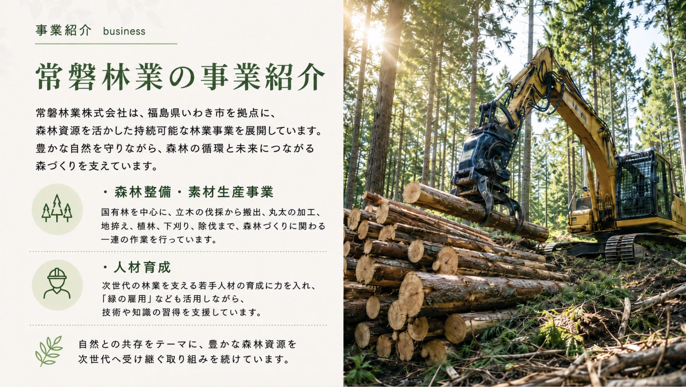 常磐林業株式会社は、福島県いわき市を拠点に、森林資源を活かした持続可能な林業事業を展開しています。  国有林を中心に、立木の伐採から搬出、丸太の加工、地拵え、植林、下刈り、除伐まで、森林づくりに関わる一連の作業を行っています。  また、次世代の林業を支える若手人材の育成にも力を入れ、「緑の雇用」などの制度を活用しながら、技術や知識の習得を支援しています。