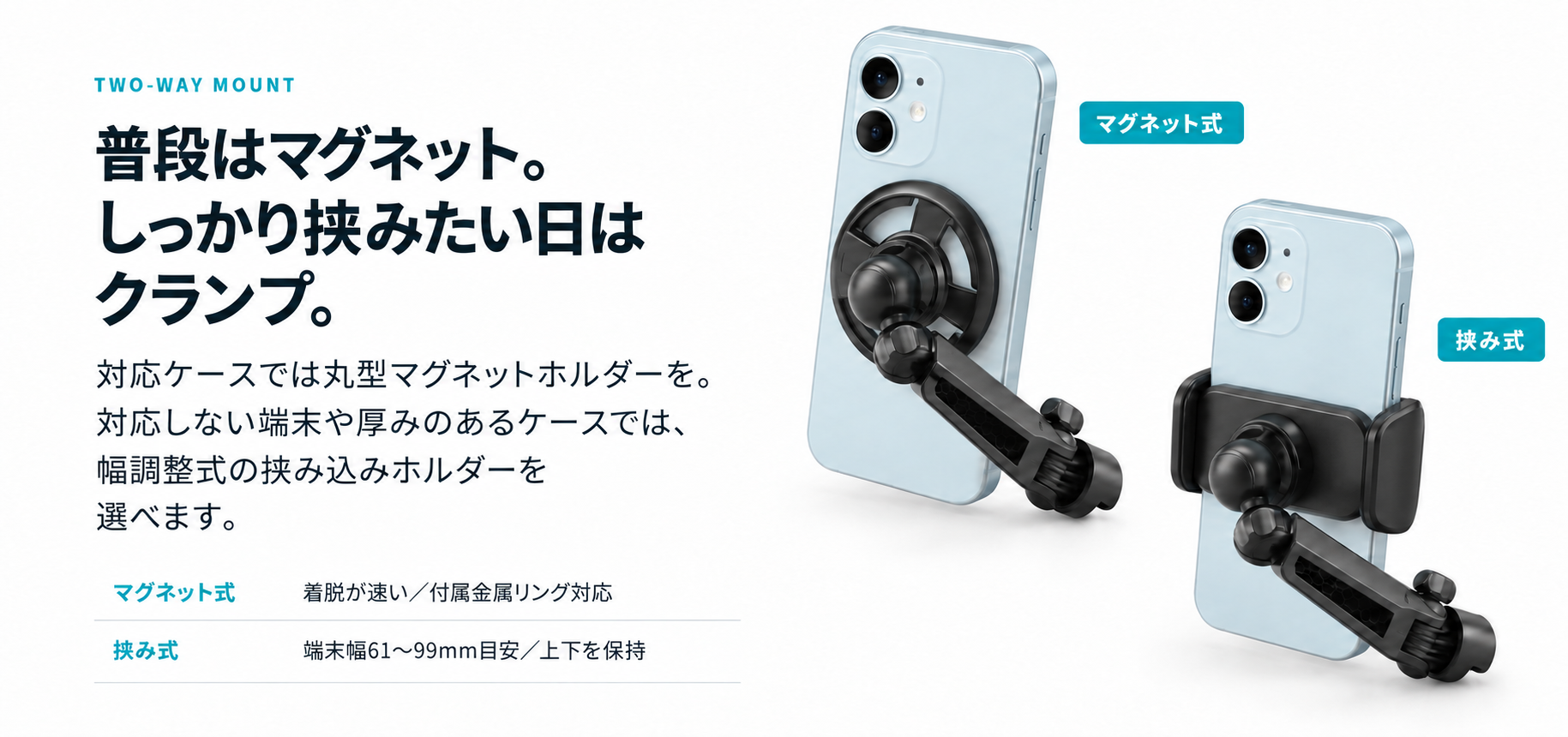 マグネット固定とクランプ固定の2WAY。スマホやケースに合わせて選べます。