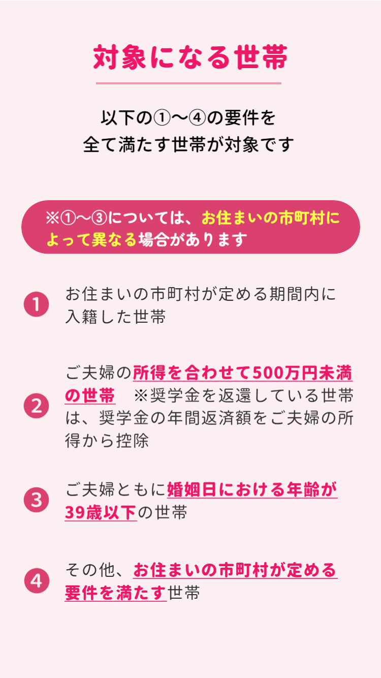 結婚新生活支援事業の対象になる世帯の要件（所得、年齢、入籍期間など）