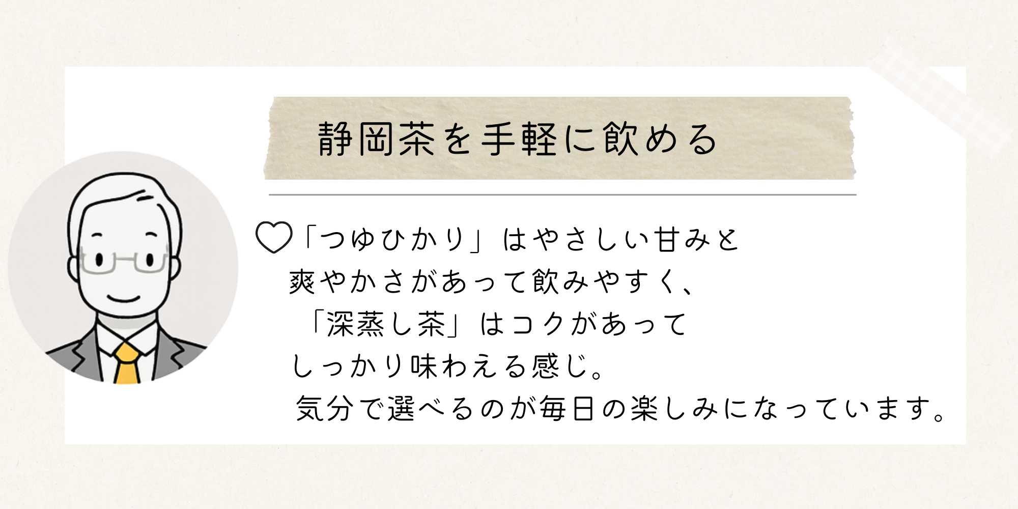 お客様の声を紹介する画像。掛川の深蒸し茶と御前崎のつゆひかりが手軽に毎月届く