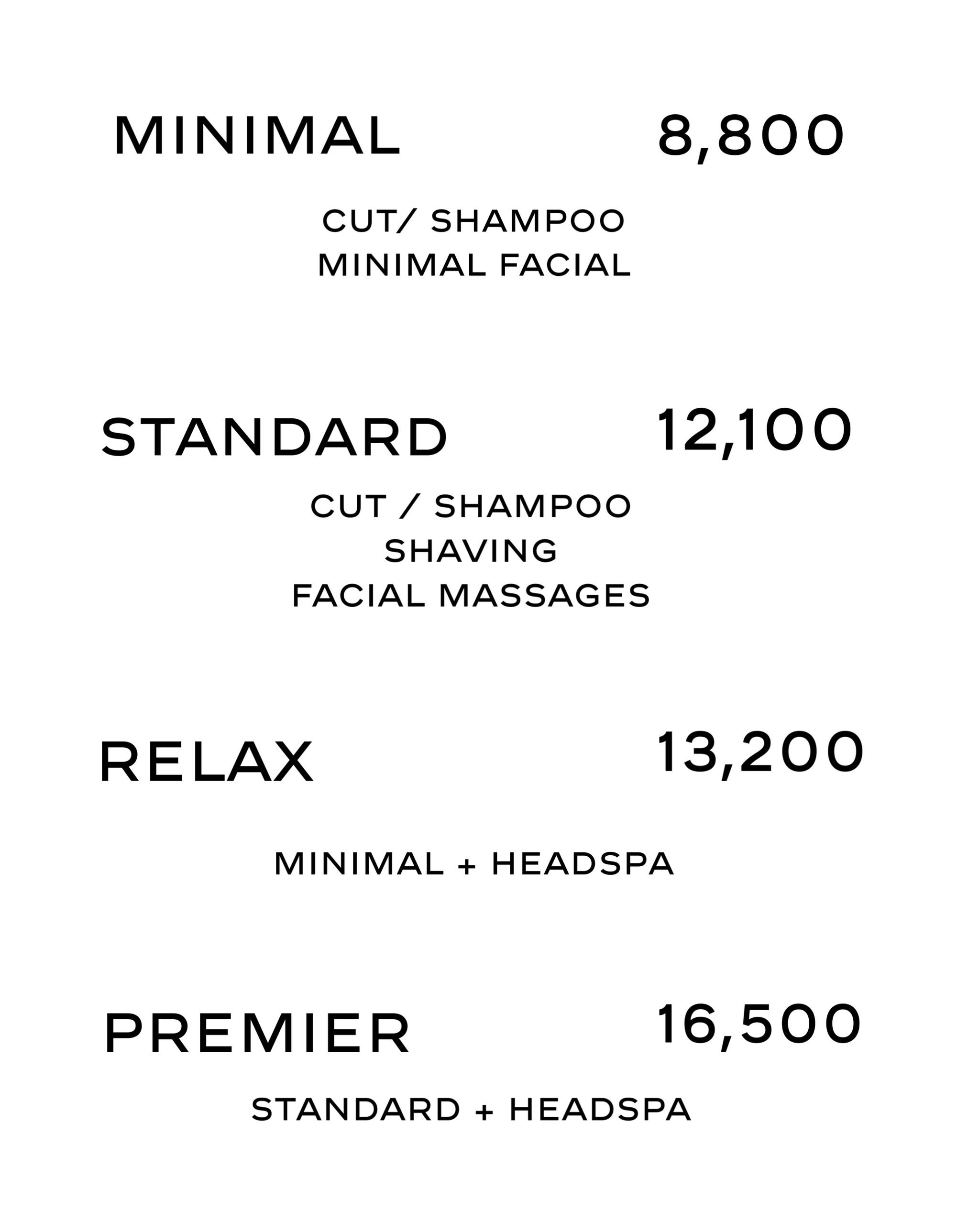 Barber YAGI（バーバー ヤギ）学芸大学。理容の技術と美容のデザイン性を掛け合わせた、静かなプライベートバーバー。メンズカット、シェービング、ヘッドスパ。バーバーメニュー表画像