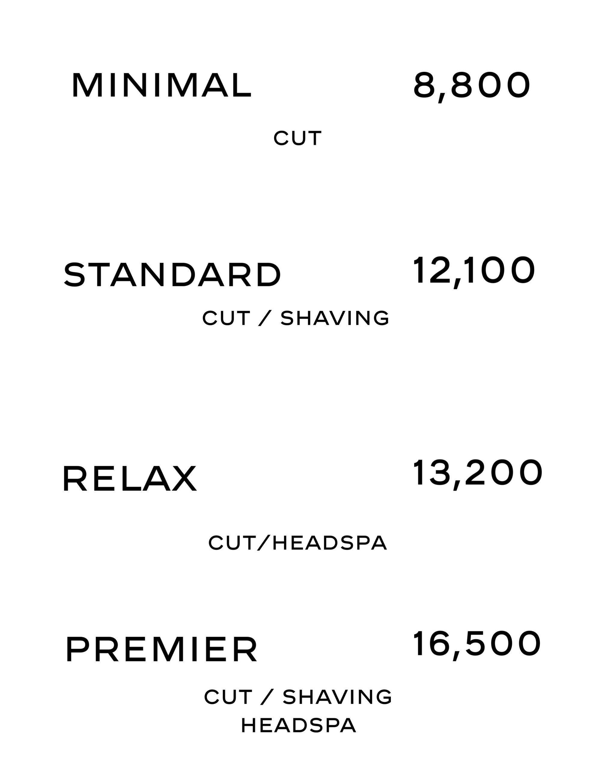 Barber YAGI（バーバー ヤギ）学芸大学。理容の技術と美容のデザイン性を掛け合わせた、静かなプライベートバーバー。メンズカット、シェービング、ヘッドスパ。バーバーメニュー表画像