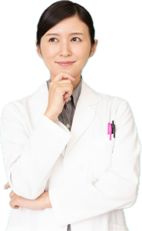 顎に手を当てる女性薬剤師