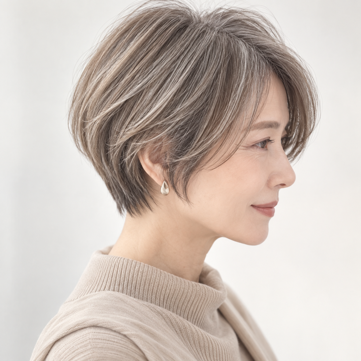 白髪ぼかしハイライトで明るくなじませた大人のショートヘア