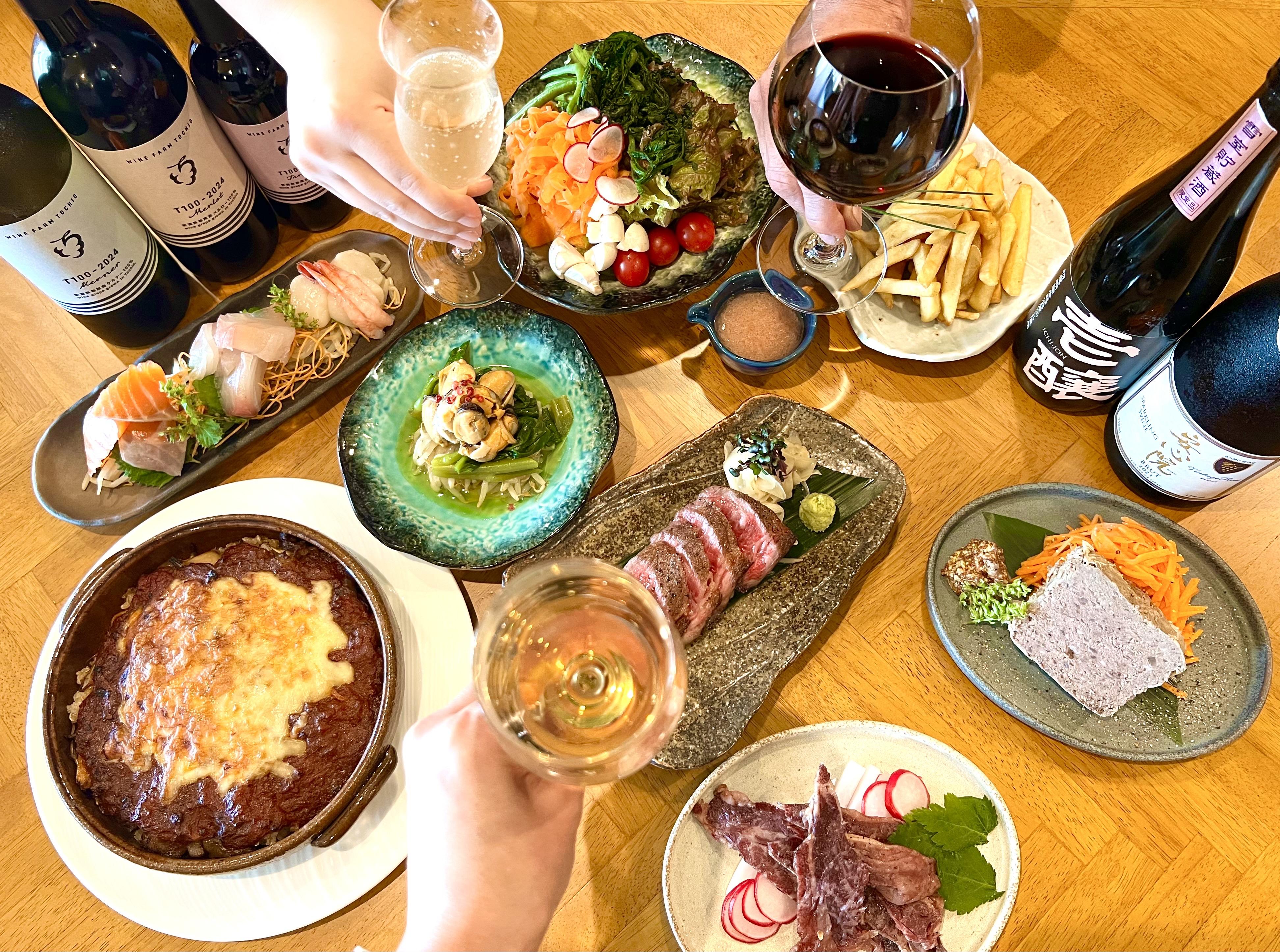 樹樹HANAREの宴会コース料理一例（内容は季節や仕入れにより変更）