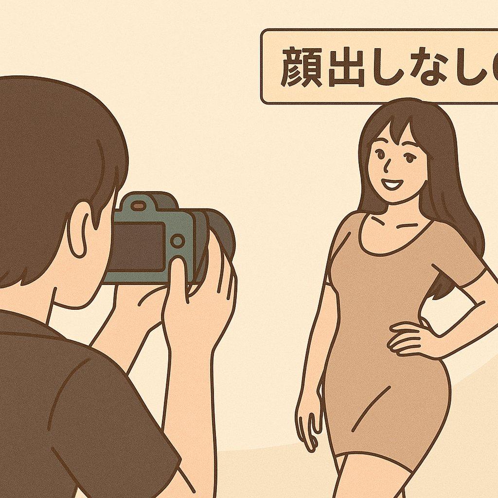 撮影現場のイラスト:カメラマンとポージングする女性・『顔出しなしOK』のキャプション