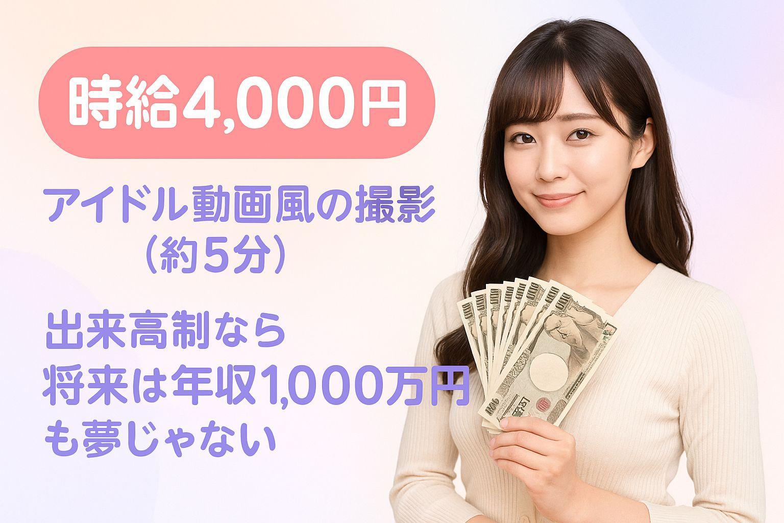 時給4,000円・アイドル動画風の撮影(約5分)—女性が紙幣を持つヒーロー画像