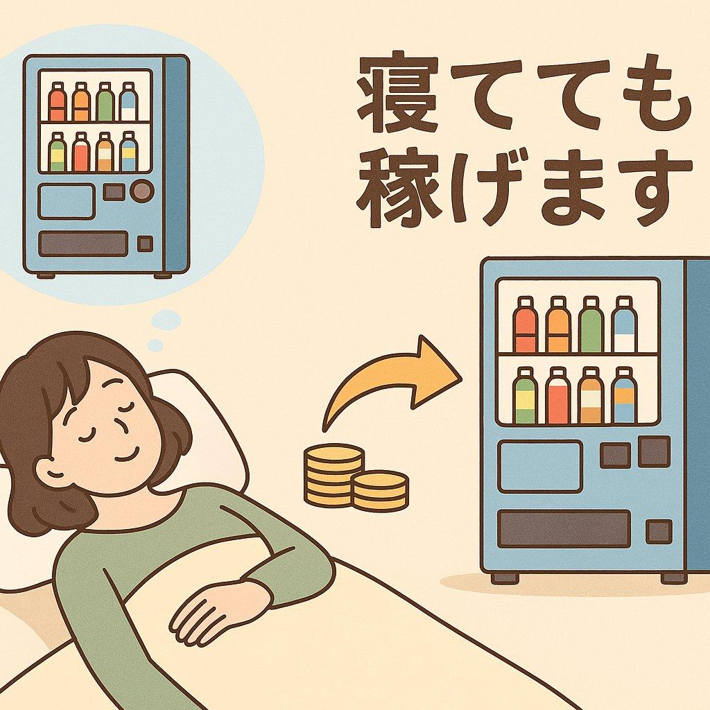 寝てても稼げます—自販機とコインの受動的収益イメージ