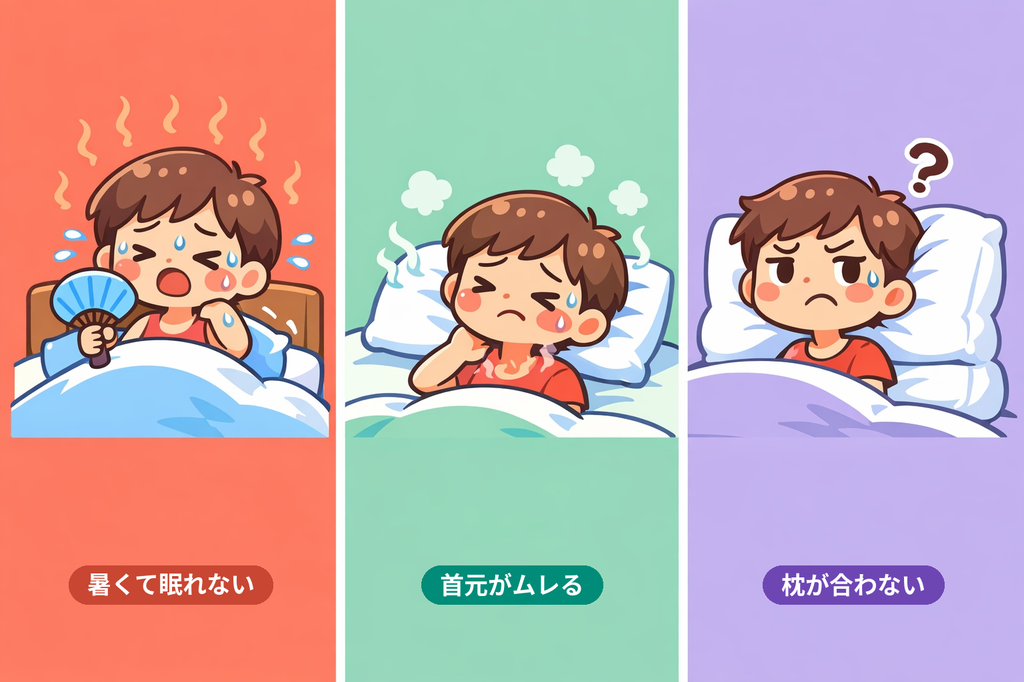 暑くて寝れない、首元ムレる、枕合わない